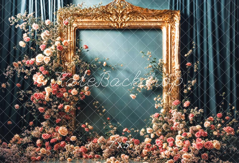 Kate Vintage Flower Golden Frame Blue Curtain Wall Backdrop Designed by Emetselch - Image 2