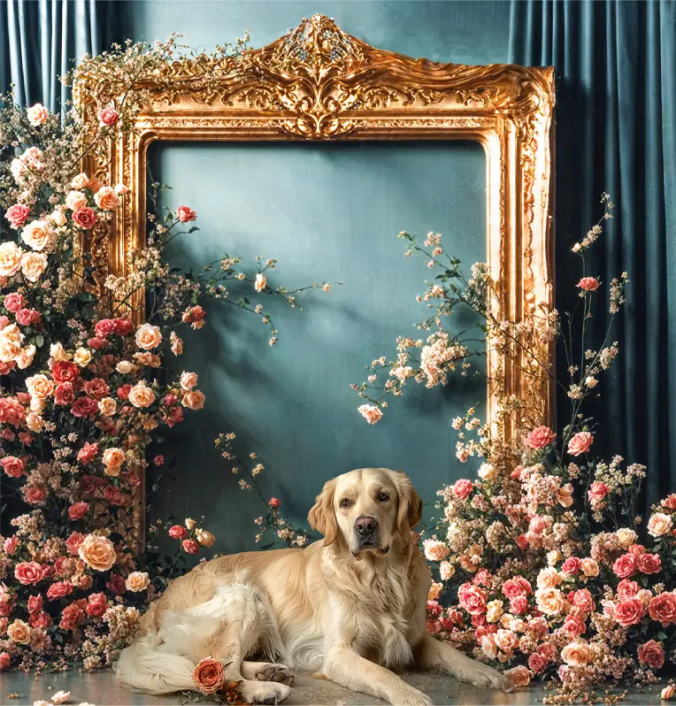 Kate Vintage Flower Golden Frame Blue Curtain Wall Backdrop Designed by Emetselch - Image 3