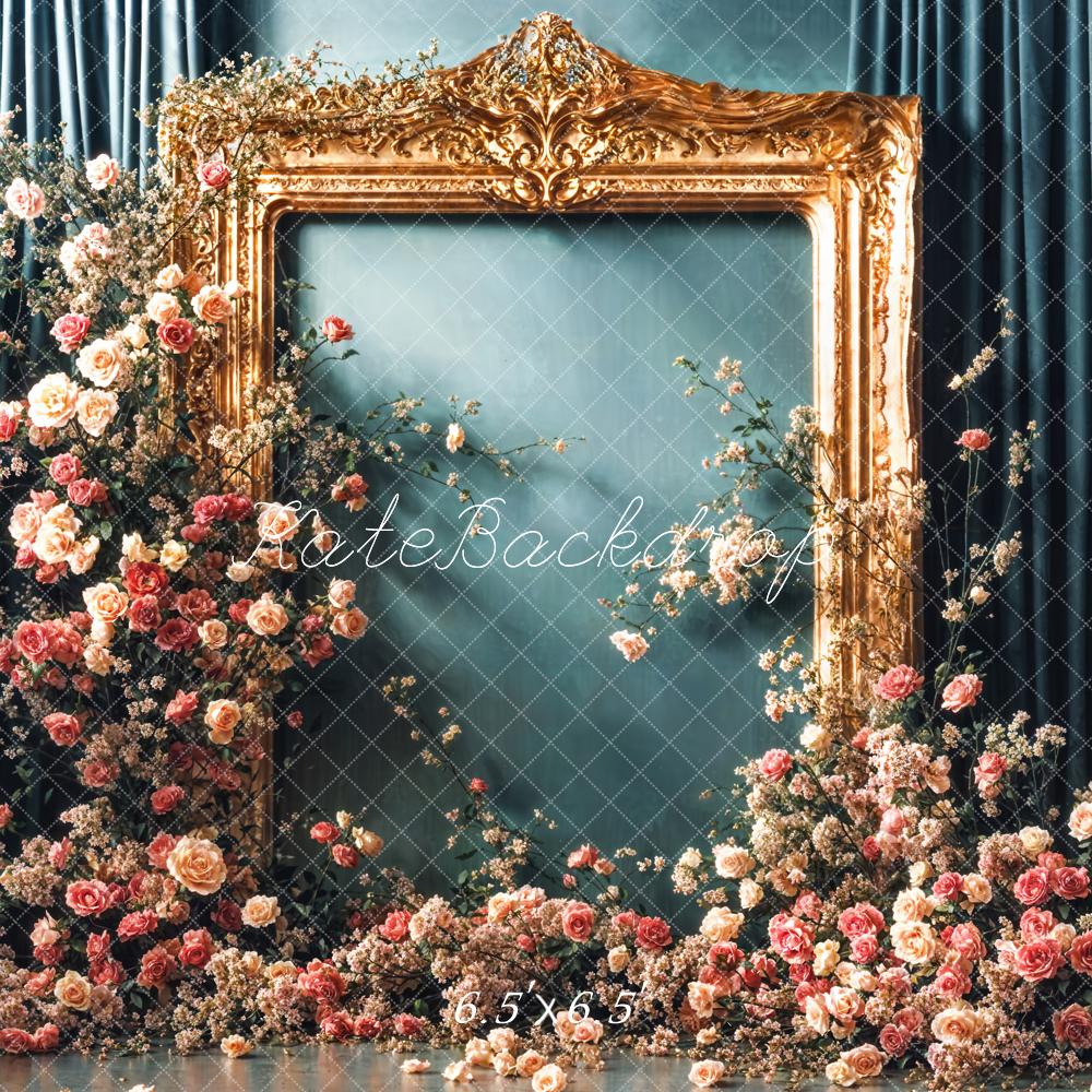 Kate Vintage Flower Golden Frame Blue Curtain Wall Backdrop Designed by Emetselch - Image 4