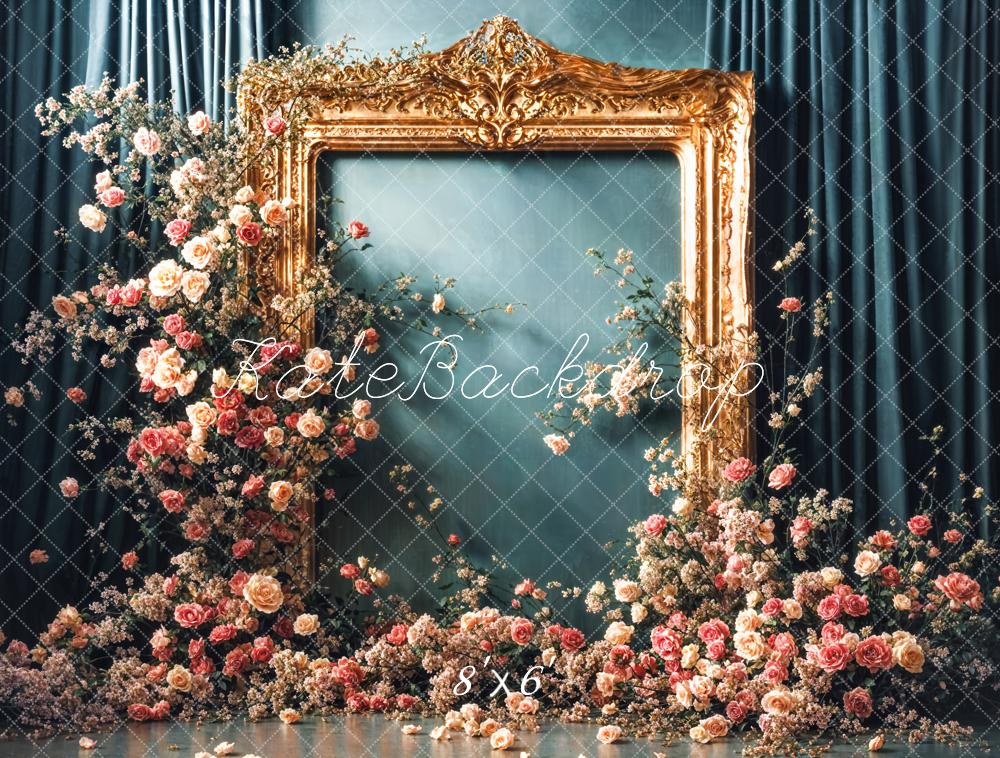 Kate Vintage Flower Golden Frame Blue Curtain Wall Backdrop Designed by Emetselch - Image 5