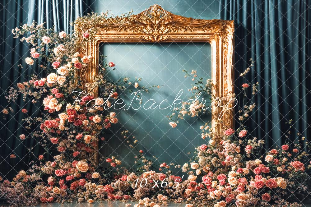 Kate Vintage Flower Golden Frame Blue Curtain Wall Backdrop Designed by Emetselch - Image 6