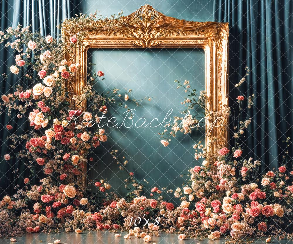 Kate Vintage Flower Golden Frame Blue Curtain Wall Backdrop Designed by Emetselch - Image 7