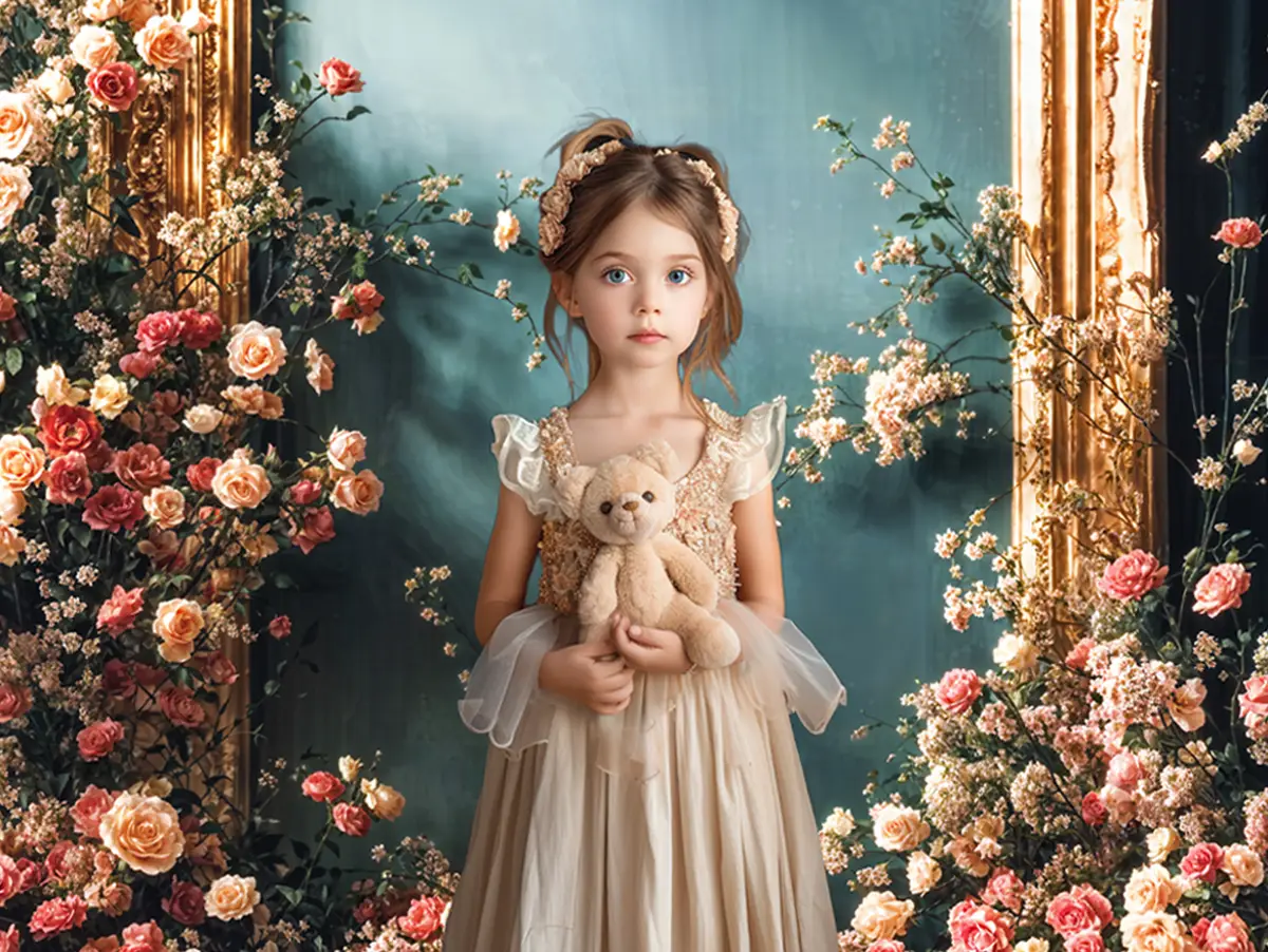 Kate Vintage Flower Golden Frame Blue Curtain Wall Backdrop Designed by Emetselch - Image 8