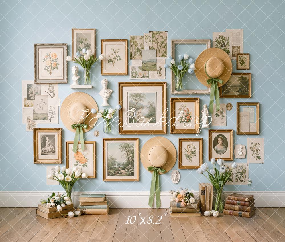 Kate Vintage Frames Straw Hats Blue Wall Fleece Backdrop Designed by Emetselch - Image 3