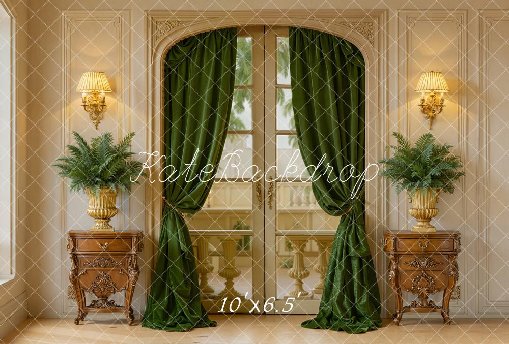 Kate Vintage French Doors Green Curtains Ferns Fleece Backdrop Designed by Emetselch - Image 2