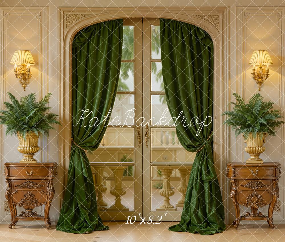 Kate Vintage French Doors Green Curtains Ferns Fleece Backdrop Designed by Emetselch - Image 3