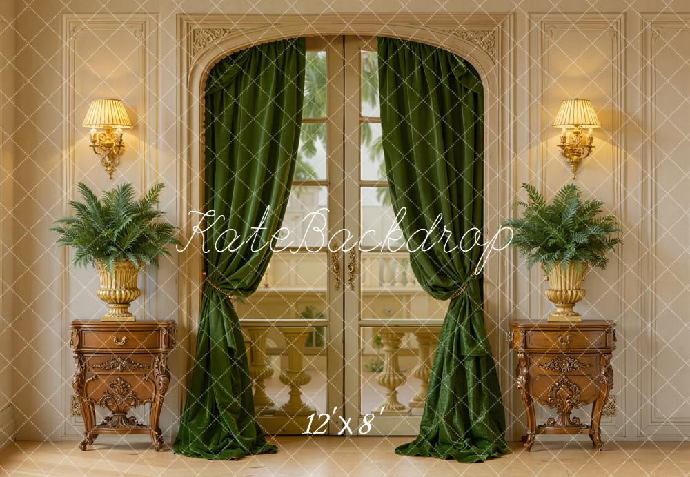 Kate Vintage French Doors Green Curtains Ferns Fleece Backdrop Designed by Emetselch - Image 4