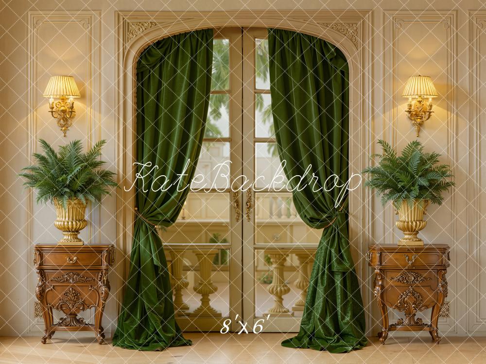Kate Vintage French Window Green Curtains Plants Backdrop Designed by Emetselch - Image 3