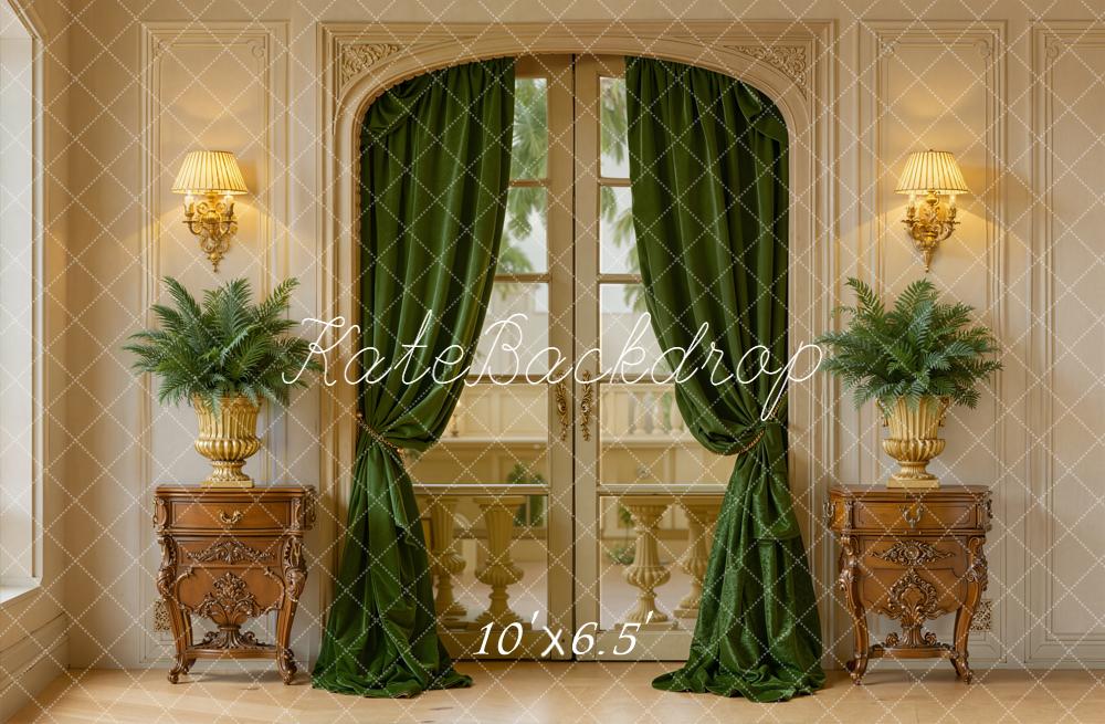 Kate Vintage French Window Green Curtains Plants Backdrop Designed by Emetselch - Image 4