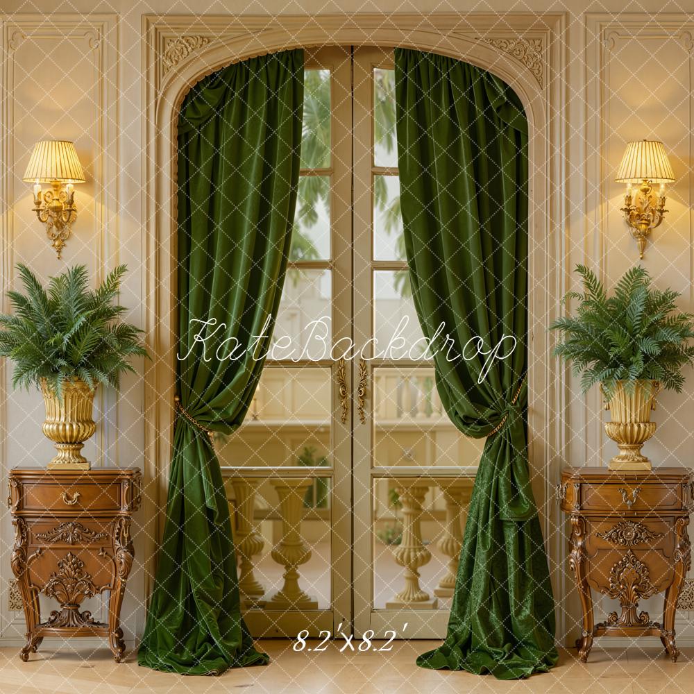Kate Vintage French Window Green Curtains Plants Backdrop Designed by Emetselch - Image 5