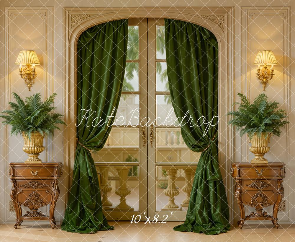 Kate Vintage French Window Green Curtains Plants Backdrop Designed by Emetselch - Image 6