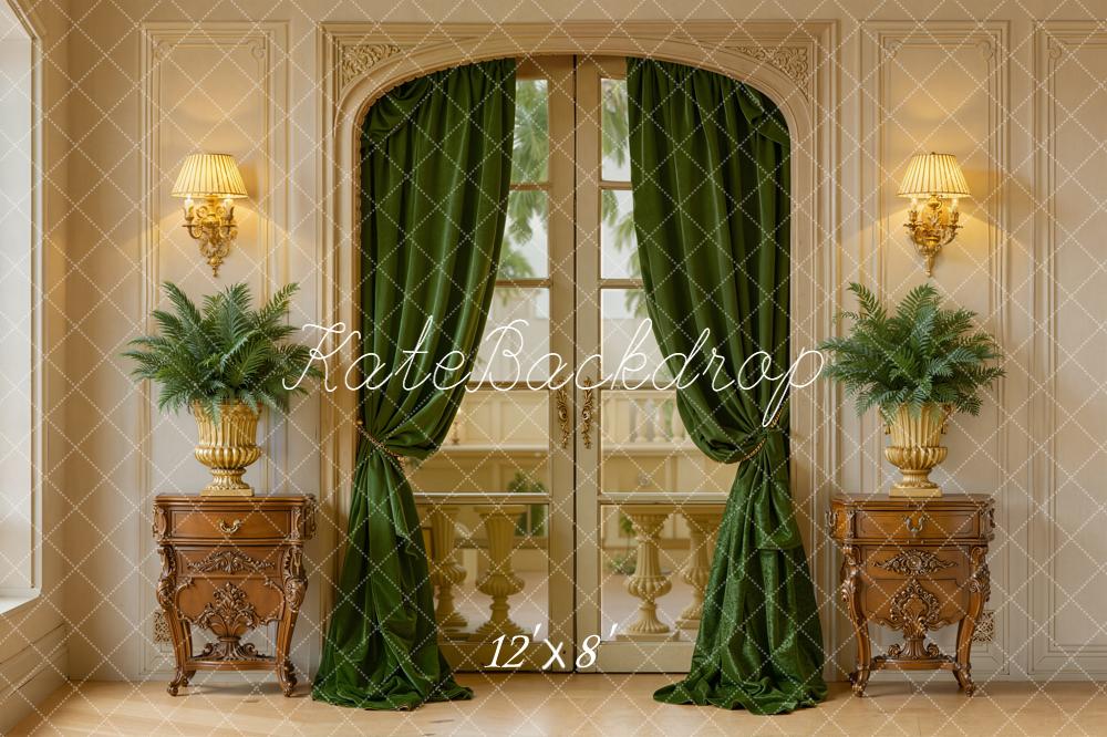 Kate Vintage French Window Green Curtains Plants Backdrop Designed by Emetselch - Image 8