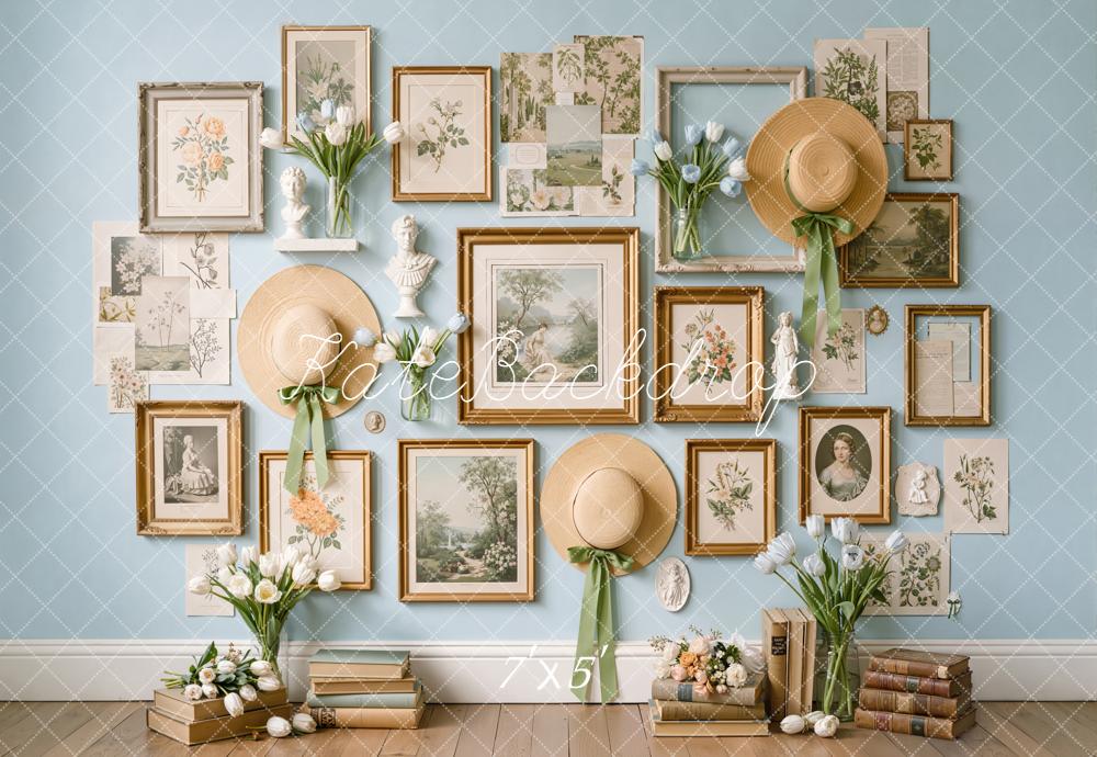 Kate Vintage Gallery Frames Straw Hats Blue Wall Backdrop Designed by Emetselch