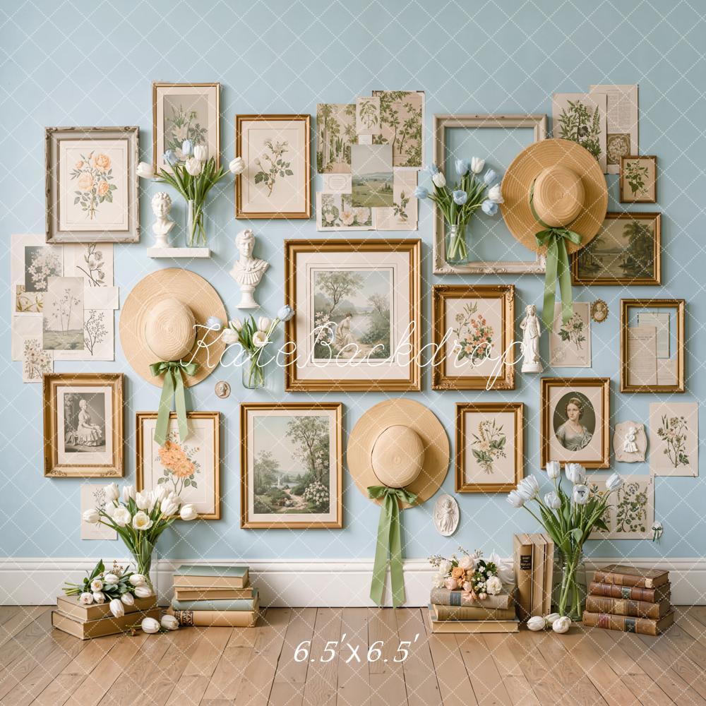 Kate Vintage Gallery Frames Straw Hats Blue Wall Backdrop Designed by Emetselch - Image 2