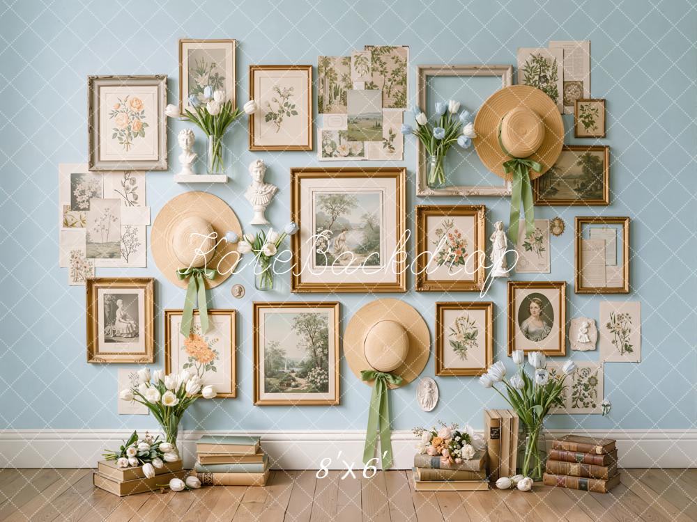 Kate Vintage Gallery Frames Straw Hats Blue Wall Backdrop Designed by Emetselch - Image 3