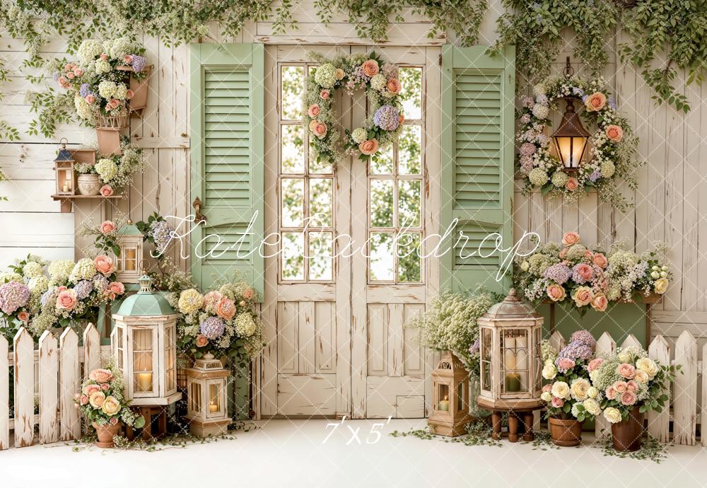 Kate Spring Vintage Garden Door Lantern Floral Backdrop Designed by Emetselch - Image 2