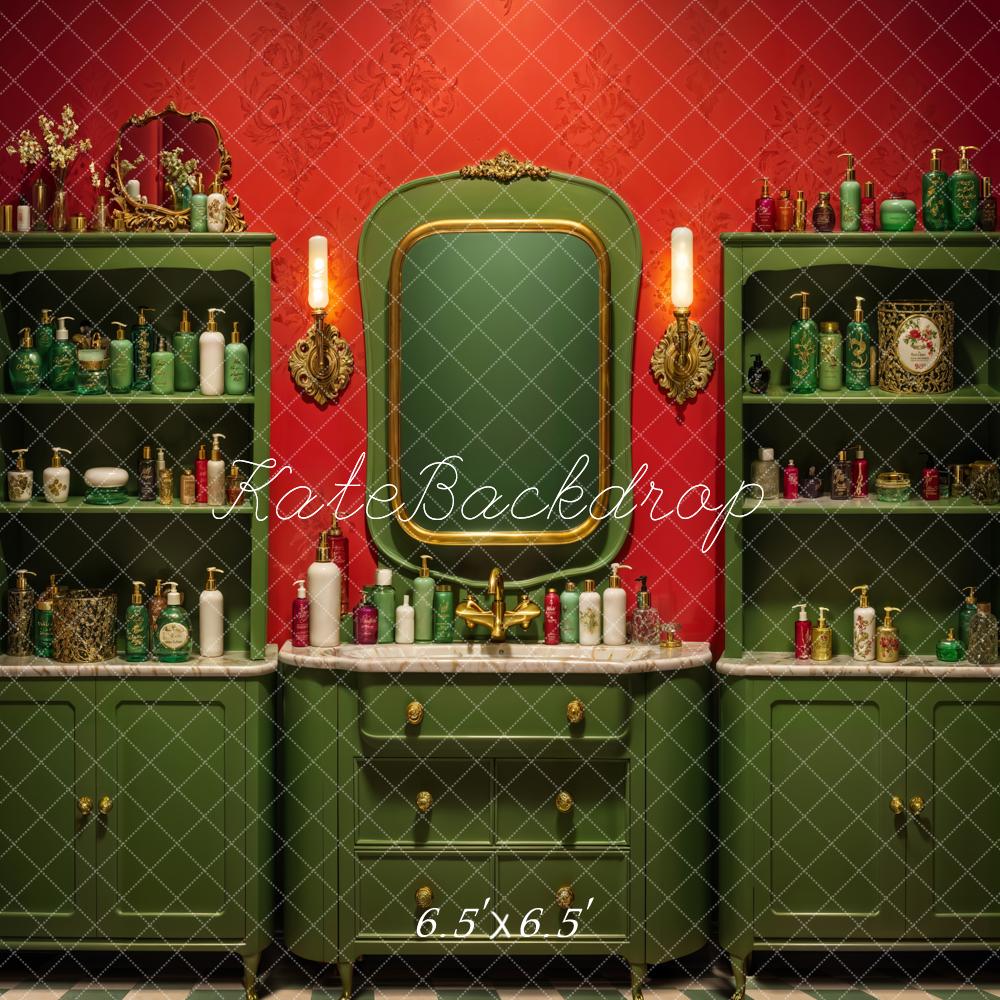 Kate Vintage Red Wall Dark Green Beauty Shop Backdrop Designed by Emetselch - Image 2