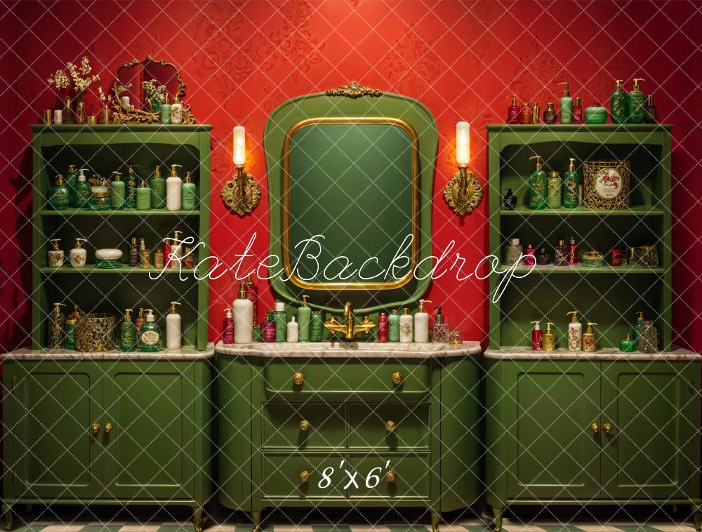 Kate Vintage Red Wall Dark Green Beauty Shop Backdrop Designed by Emetselch - Image 3