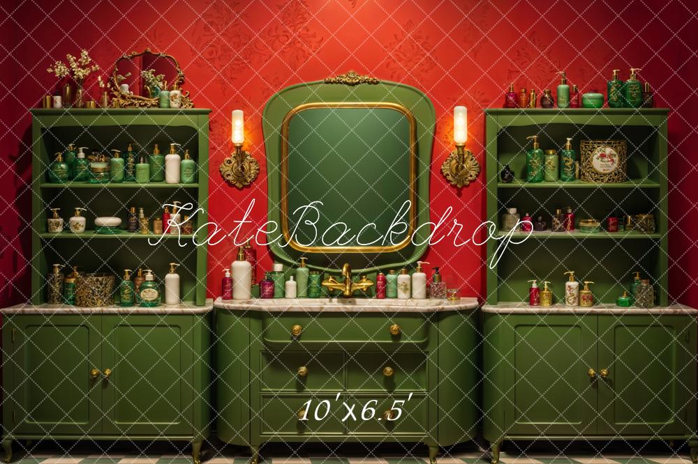 Kate Vintage Red Wall Dark Green Beauty Shop Backdrop Designed by Emetselch - Image 4