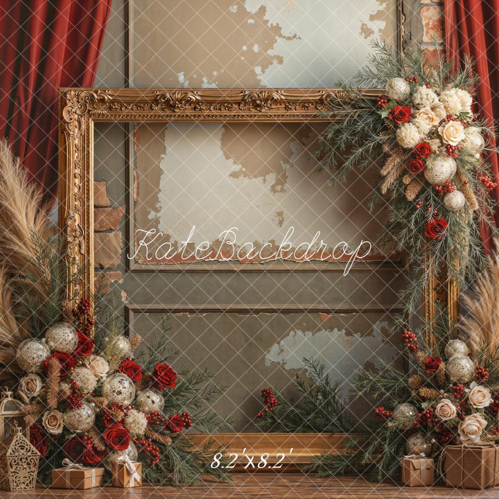 Kate Vintage Wall Gold Frame Christmas Floral Backdrop Designed by Emetselch - Image 5