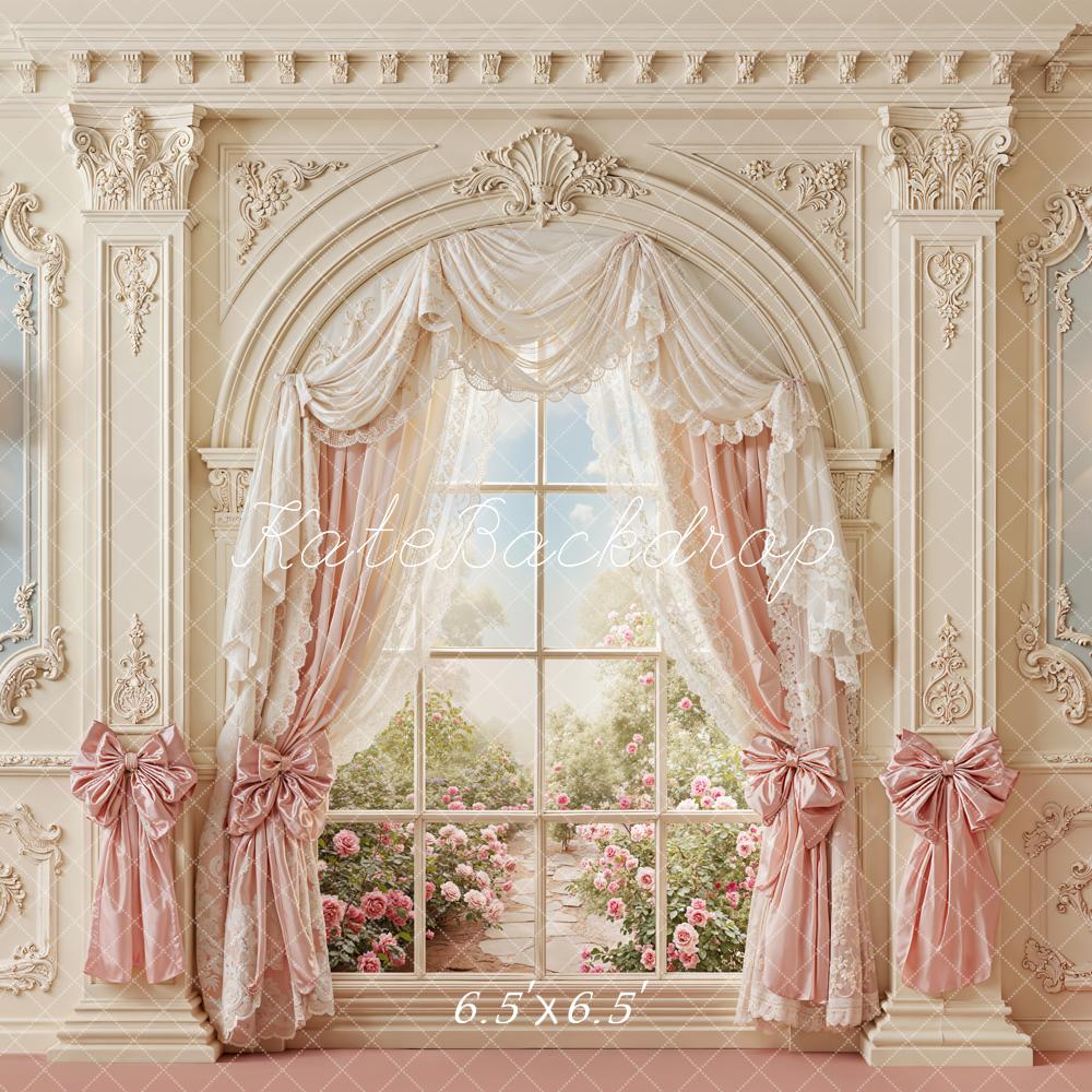 Kate Spring Vintage Window Pink Curtains Bow Ornaments Backdrop Designed by Emetselch - Image 2