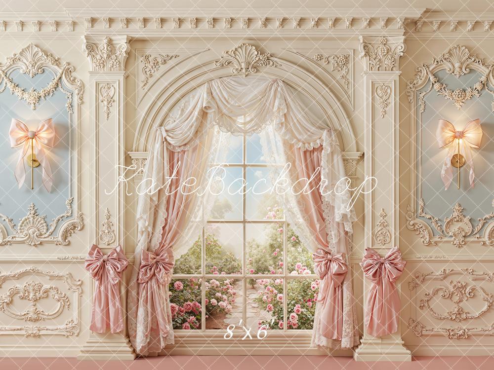 Kate Spring Vintage Window Pink Curtains Bow Ornaments Backdrop Designed by Emetselch - Image 3