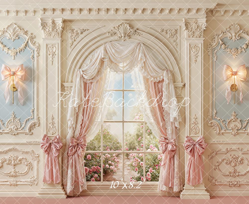 Kate Spring Vintage Window Pink Curtains Bow Ornaments Backdrop Designed by Emetselch - Image 6