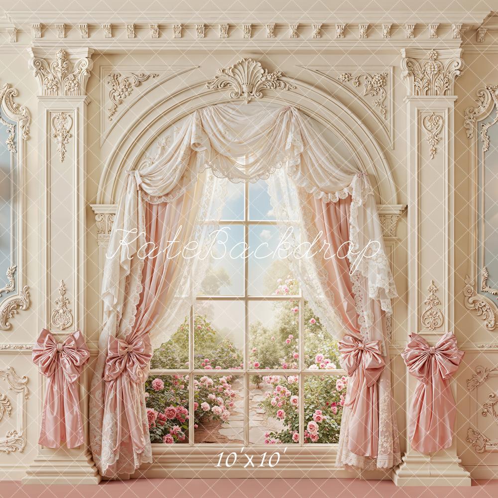 Kate Spring Vintage Window Pink Curtains Bow Ornaments Backdrop Designed by Emetselch - Image 7