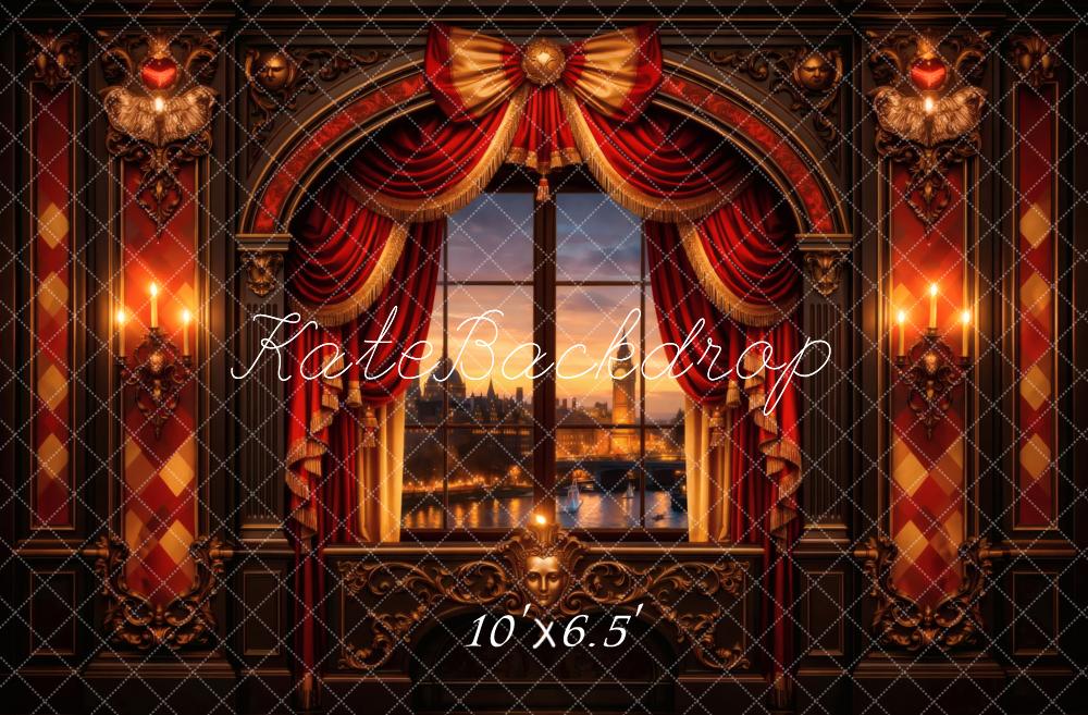 Kate Vintage Window Red Drapes Candlelight Backdrop Designed by Vertigo Productions - Image 4