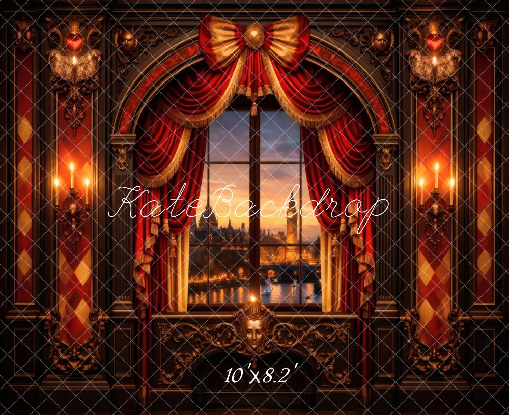 Kate Vintage Window Red Drapes Candlelight Backdrop Designed by Vertigo Productions - Image 6