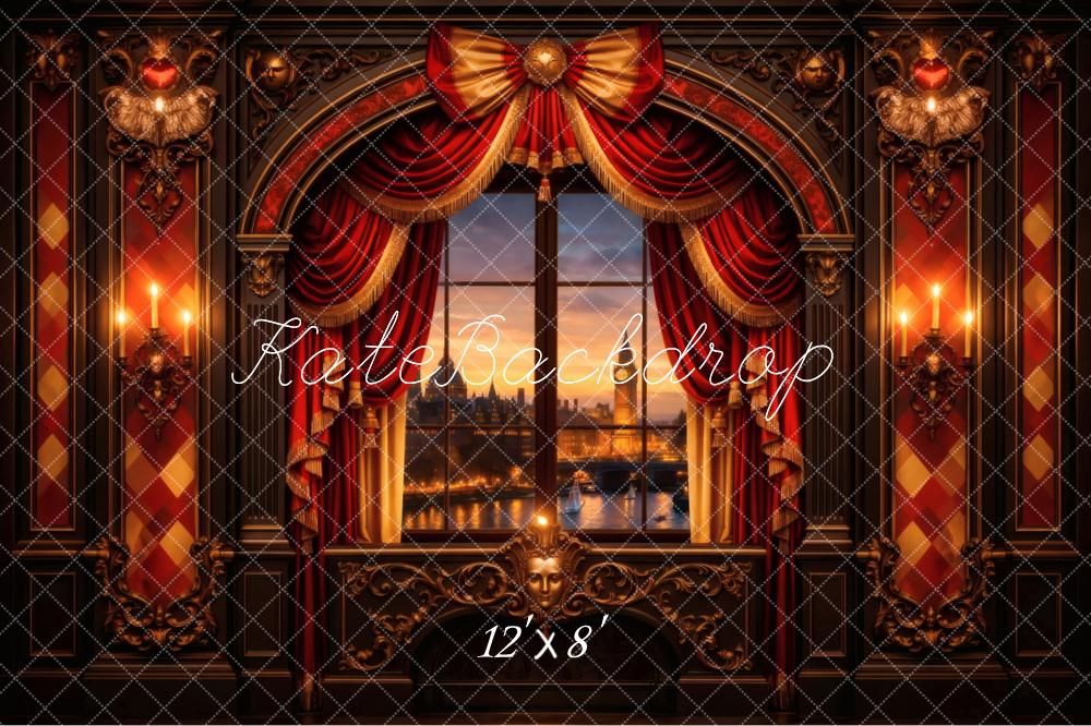 Kate Vintage Window Red Drapes Candlelight Backdrop Designed by Vertigo Productions - Image 8