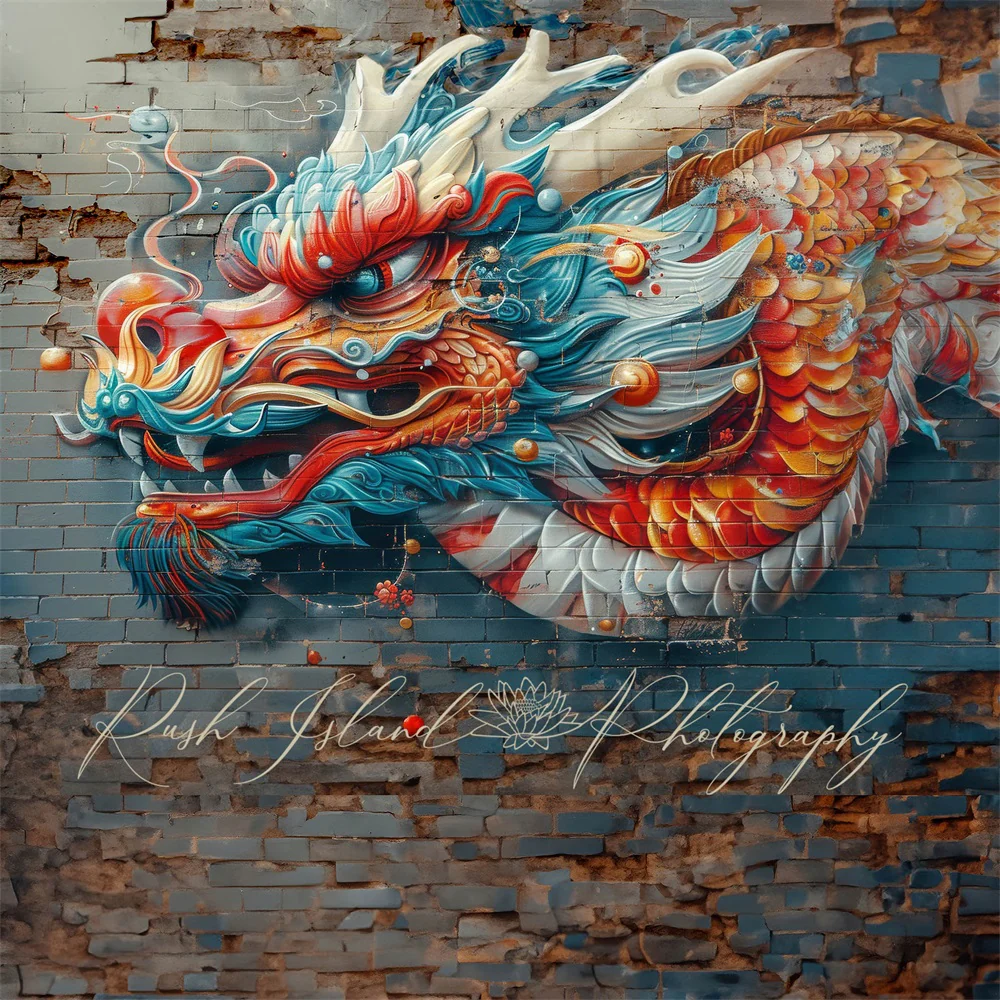 Kate Vivid Colorful Graffiti Dragon Brick Wall Backdrop Designed by Laura Bybee - Image 2