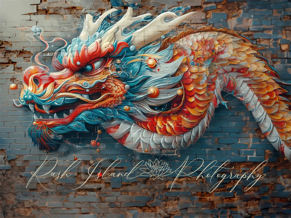 Kate Vivid Colorful Graffiti Dragon Brick Wall Backdrop Designed by Laura Bybee - Image 3