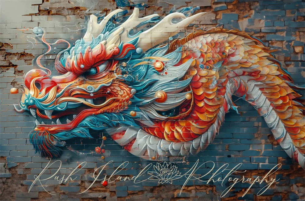 Kate Vivid Colorful Graffiti Dragon Brick Wall Backdrop Designed by Laura Bybee - Image 4