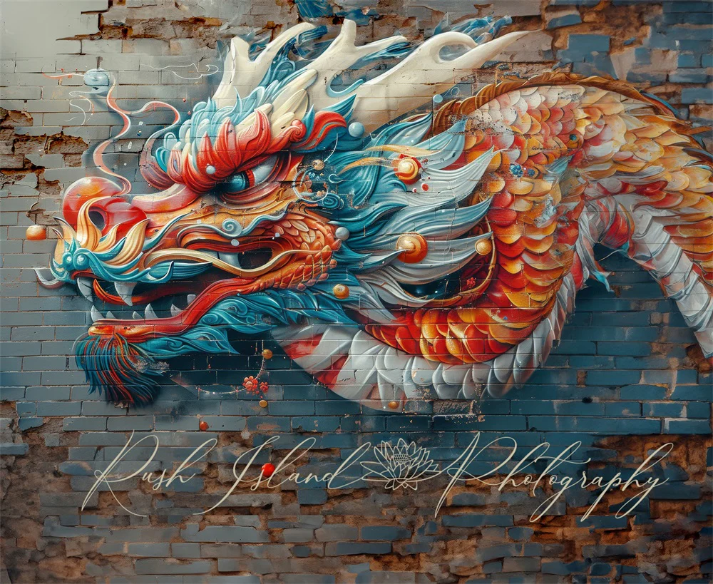 Kate Vivid Colorful Graffiti Dragon Brick Wall Backdrop Designed by Laura Bybee - Image 5