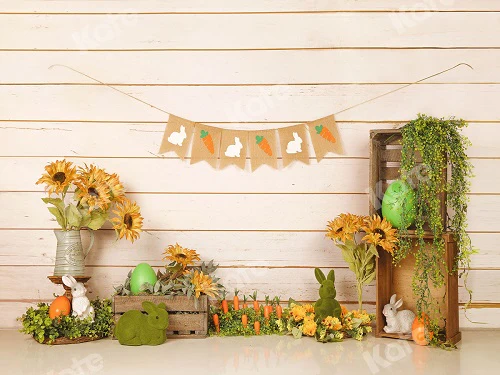 Kate Warm Light Easter/Spring Sunflowers Carrots Rabbit Wood Wall Backdrop Designed by Jia Chan Photography