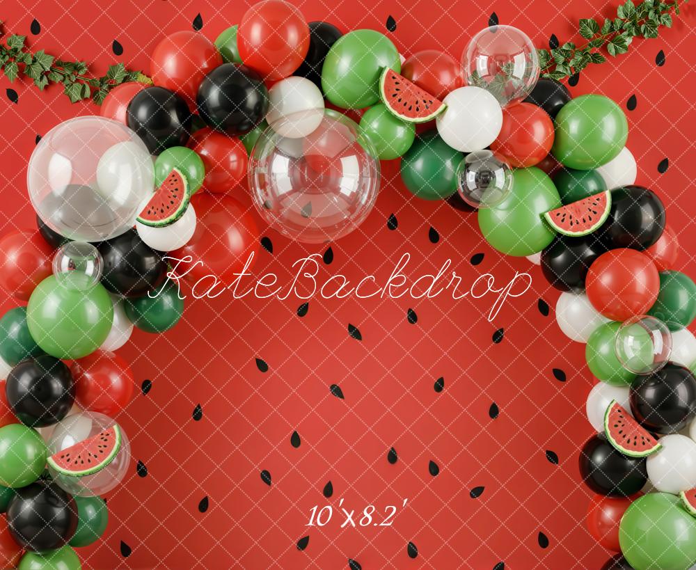 Kate Watermelon Balloon Arch Red Seeds Greenery Fleece Backdrop Designed by Emetselch - Image 3