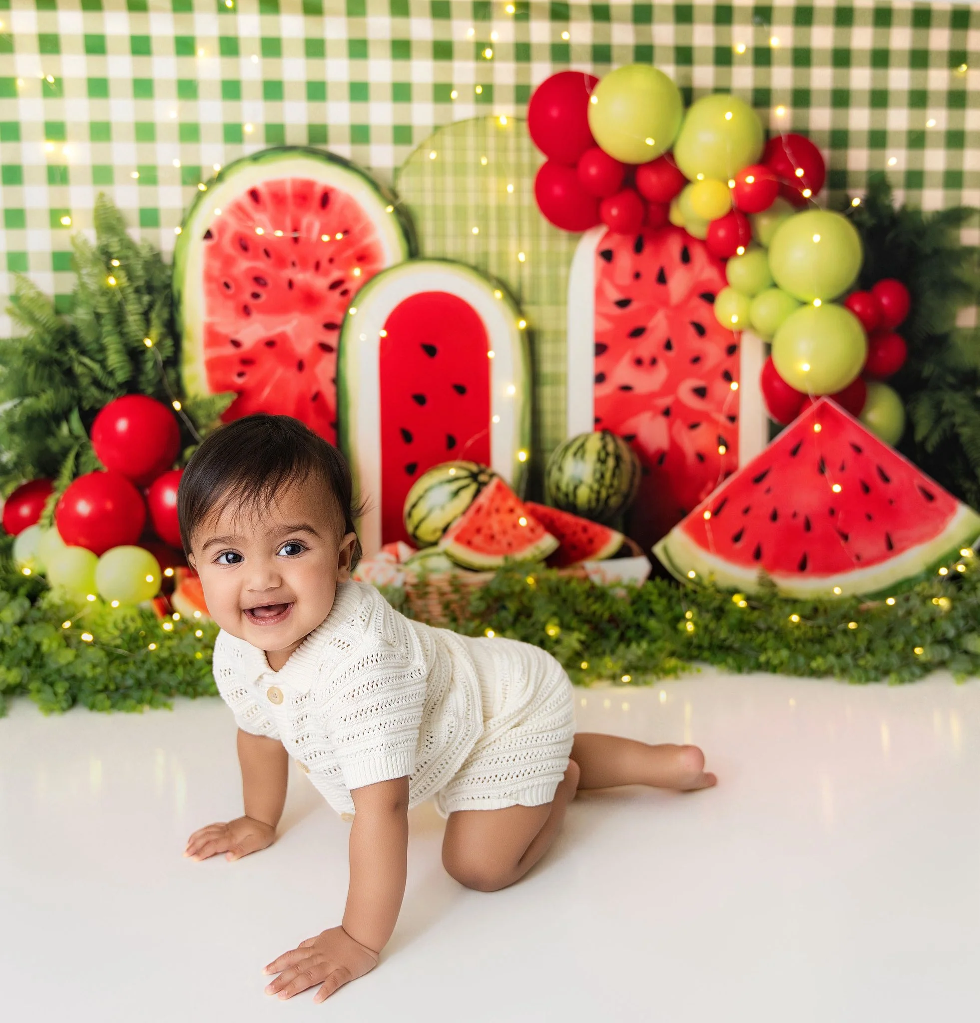 Kate Summer Watermelon Balloons Green Gingham Backdrop Designed by Emetselch - Image 3