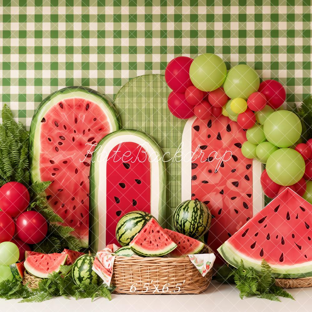 Kate Summer Watermelon Balloons Green Gingham Backdrop Designed by Emetselch - Image 4