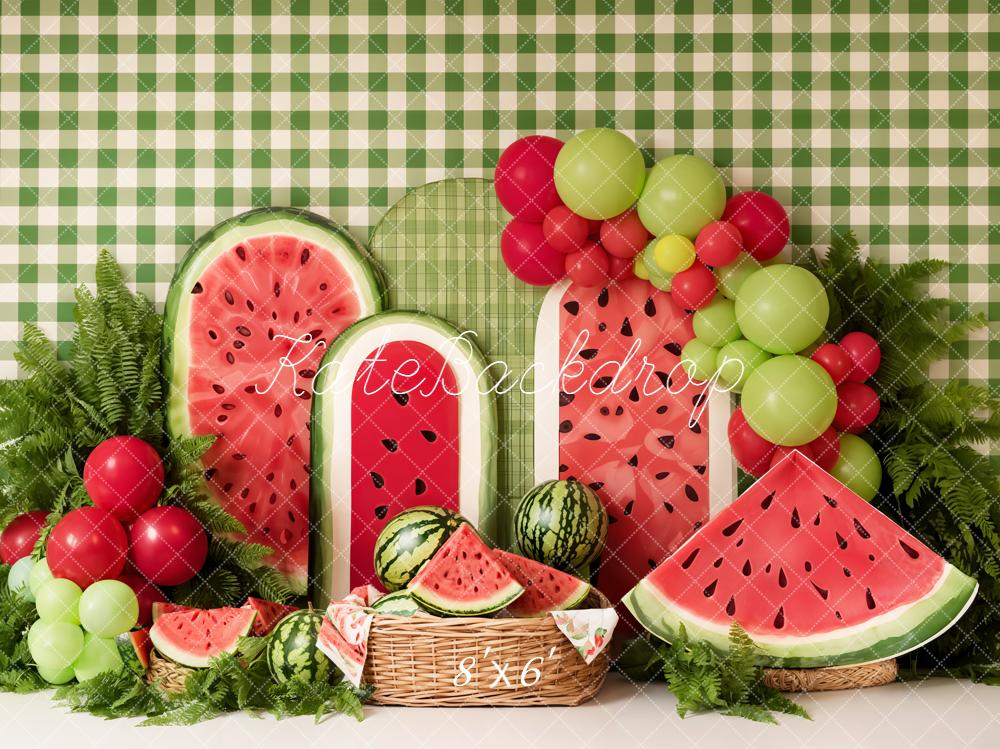 Kate Summer Watermelon Balloons Green Gingham Backdrop Designed by Emetselch - Image 5