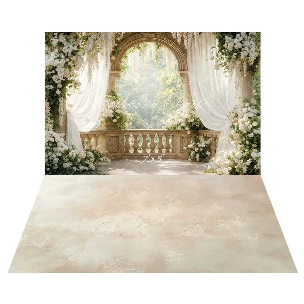 Kate Wedding Arch White Floral Drapes Backdrop+Beige Abstract Texture Backdrop - Image 2