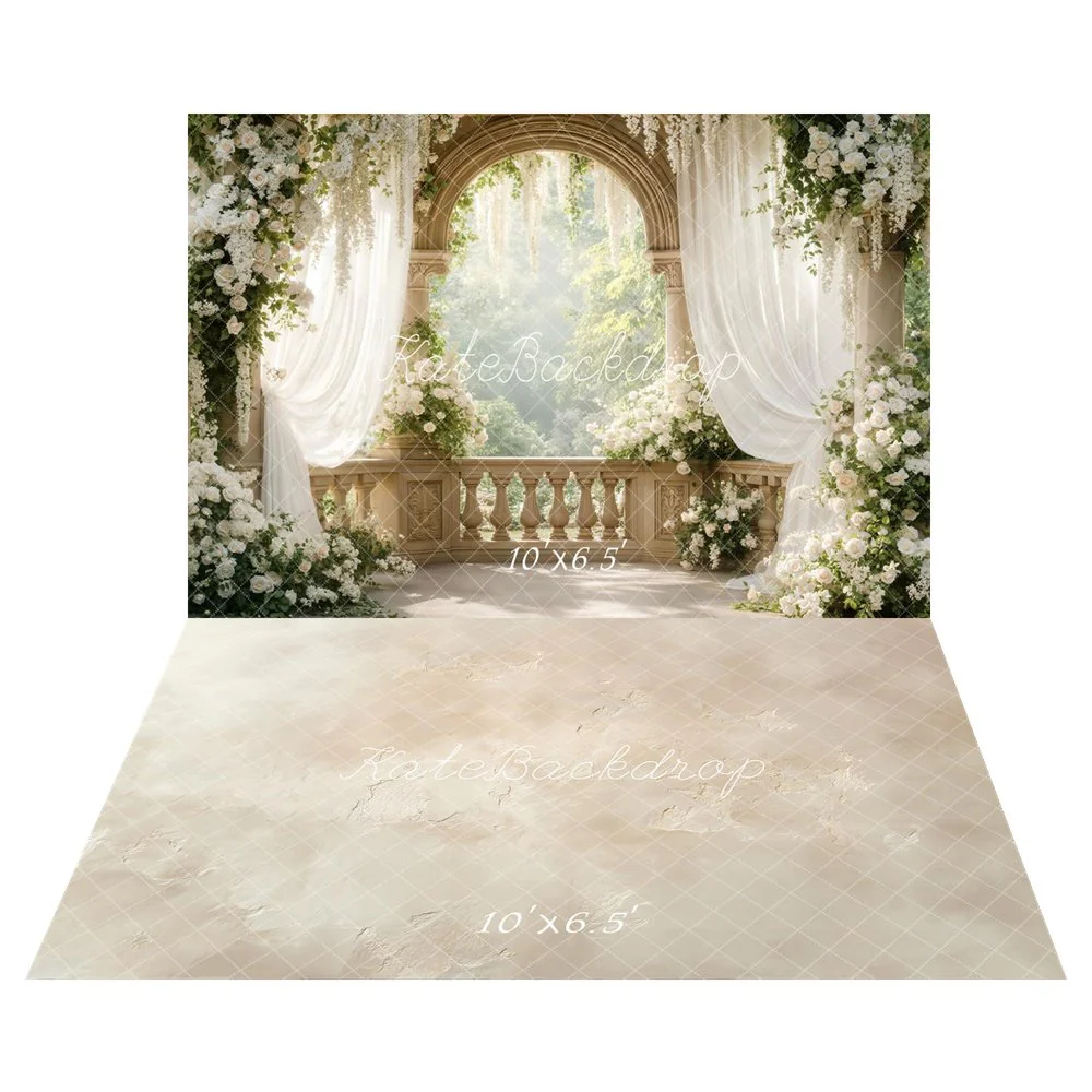 Kate Wedding Arch White Floral Drapes Backdrop+Beige Abstract Texture Backdrop - Image 3