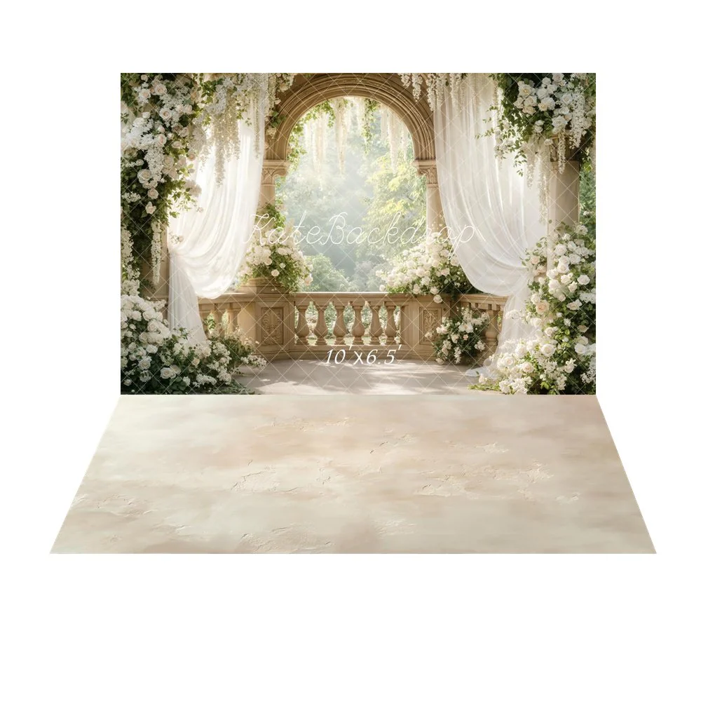 Kate Wedding Arch White Floral Drapes Backdrop+Beige Abstract Texture Backdrop - Image 4