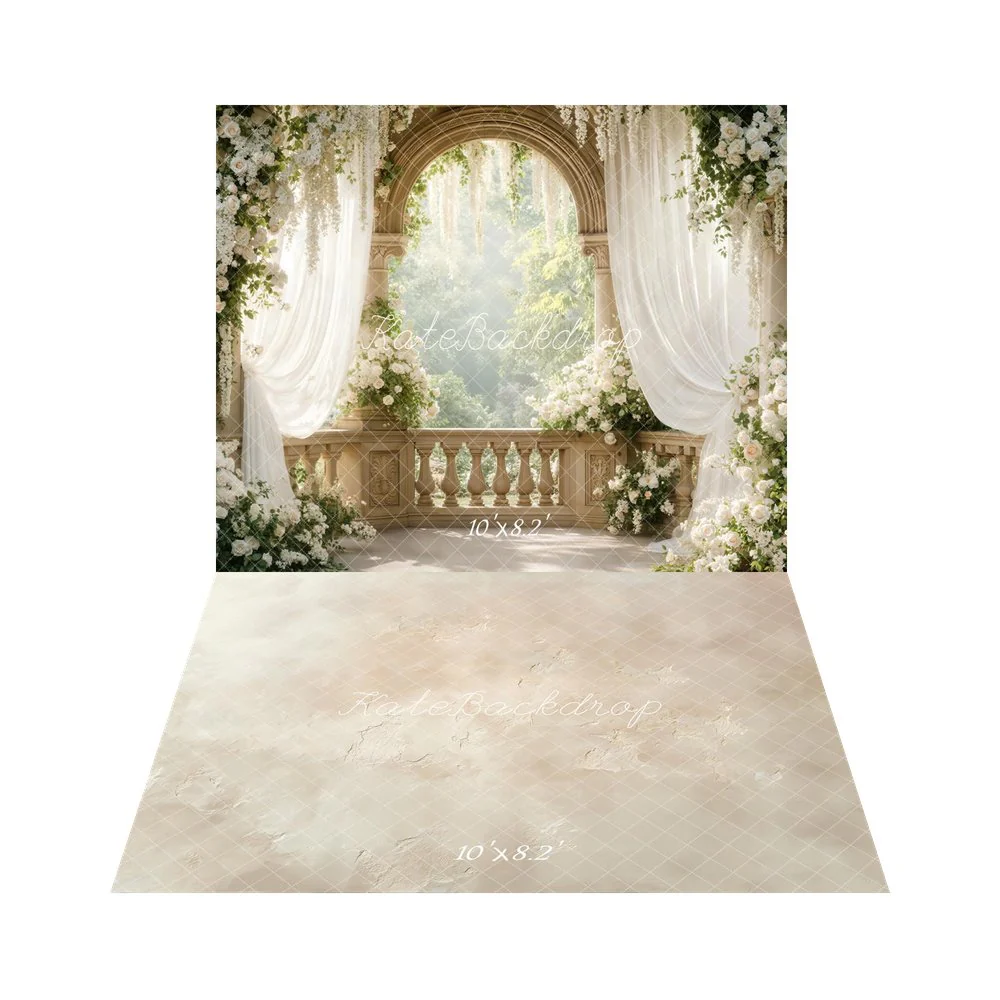 Kate Wedding Arch White Floral Drapes Backdrop+Beige Abstract Texture Backdrop - Image 5