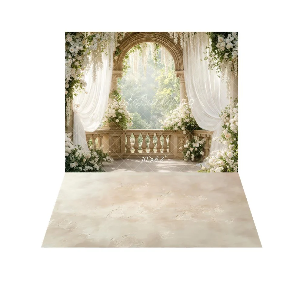 Kate Wedding Arch White Floral Drapes Backdrop+Beige Abstract Texture Backdrop - Image 6