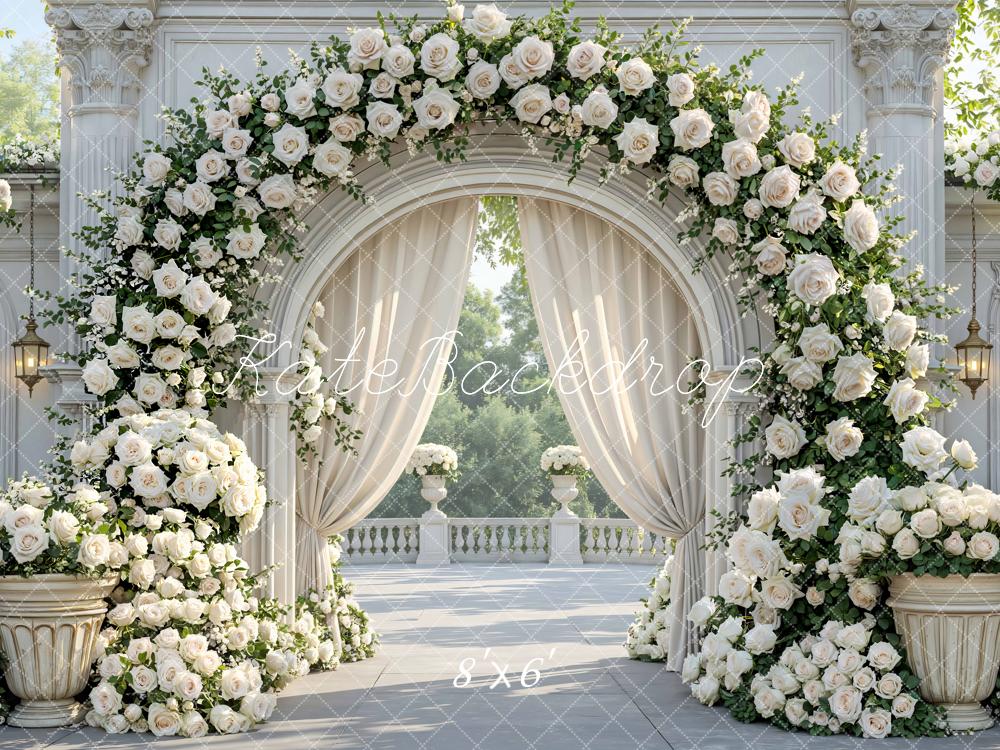 Kate Wedding Floral Arch White Roses Columns Backdrop Designed by Mini MakeBelieve - Image 3