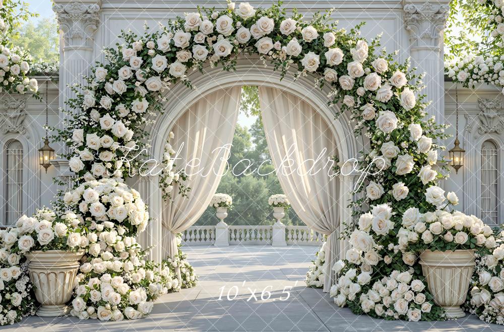 Kate Wedding Floral Arch White Roses Columns Backdrop Designed by Mini MakeBelieve - Image 4