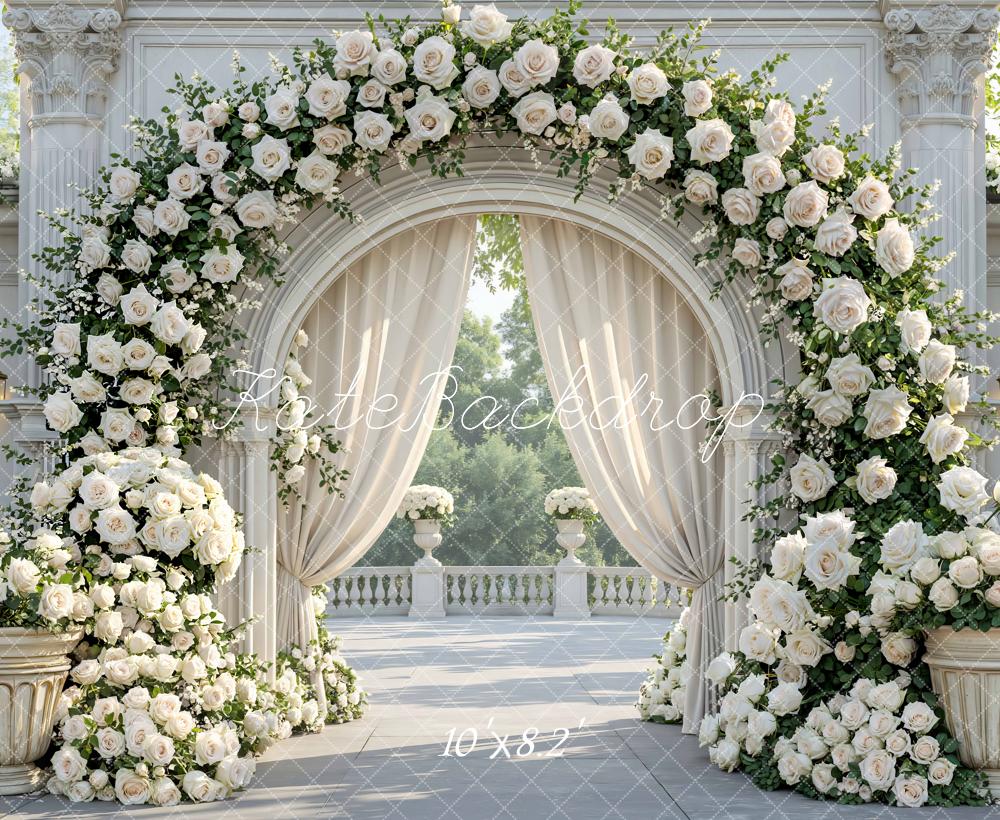 Kate Wedding Floral Arch White Roses Columns Backdrop Designed by Mini MakeBelieve - Image 6