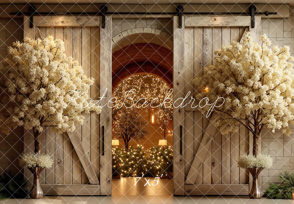 Kate Wedding Barn Door Blossom Trees Lights Backdrop Designed by Mini MakeBelieve