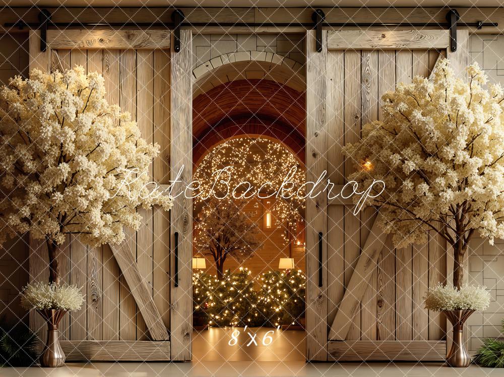 Kate Wedding Barn Door Blossom Trees Lights Backdrop Designed by Mini MakeBelieve - Image 3